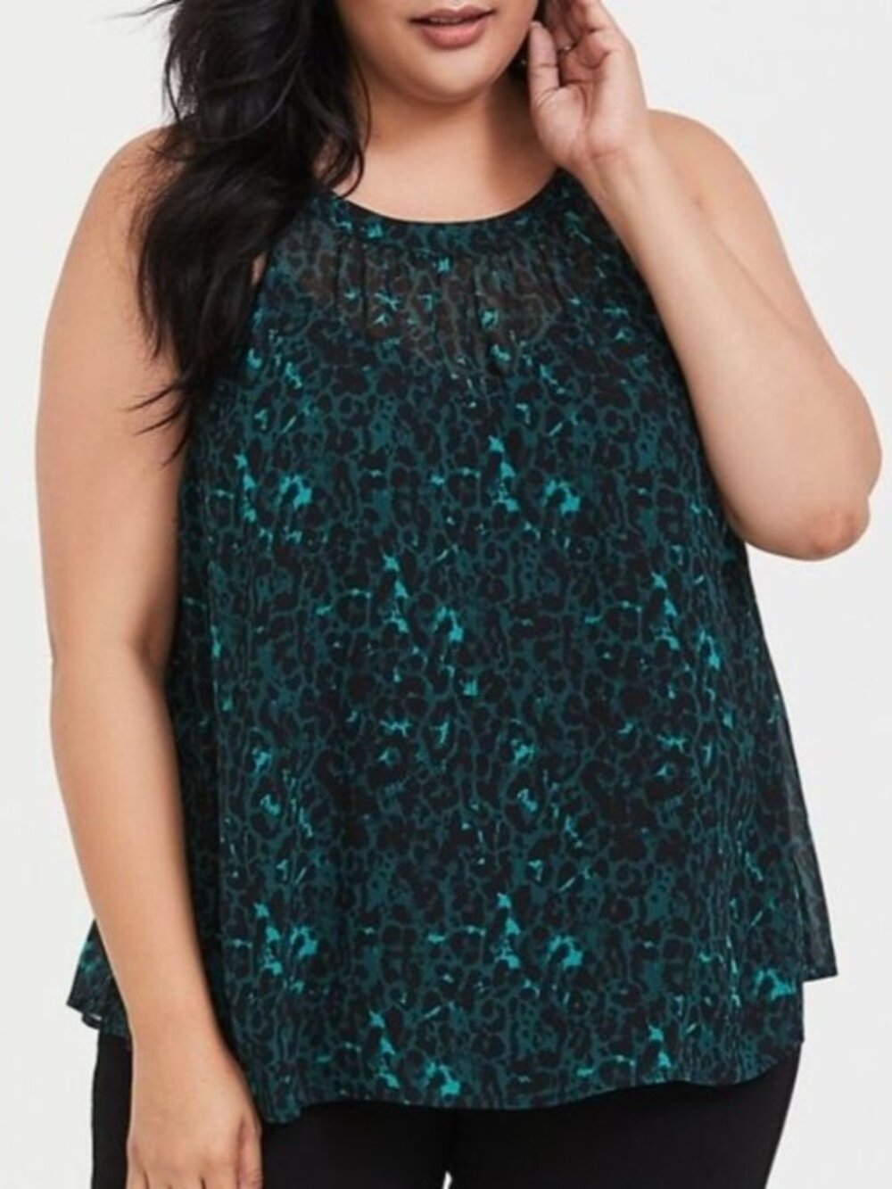 TORRID 3 Plus Emerald Green Leopard Chiffon Goddess Halter Tank Top Blouse 3X